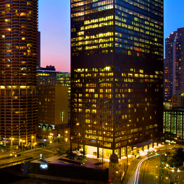 Langham exterior lit at night