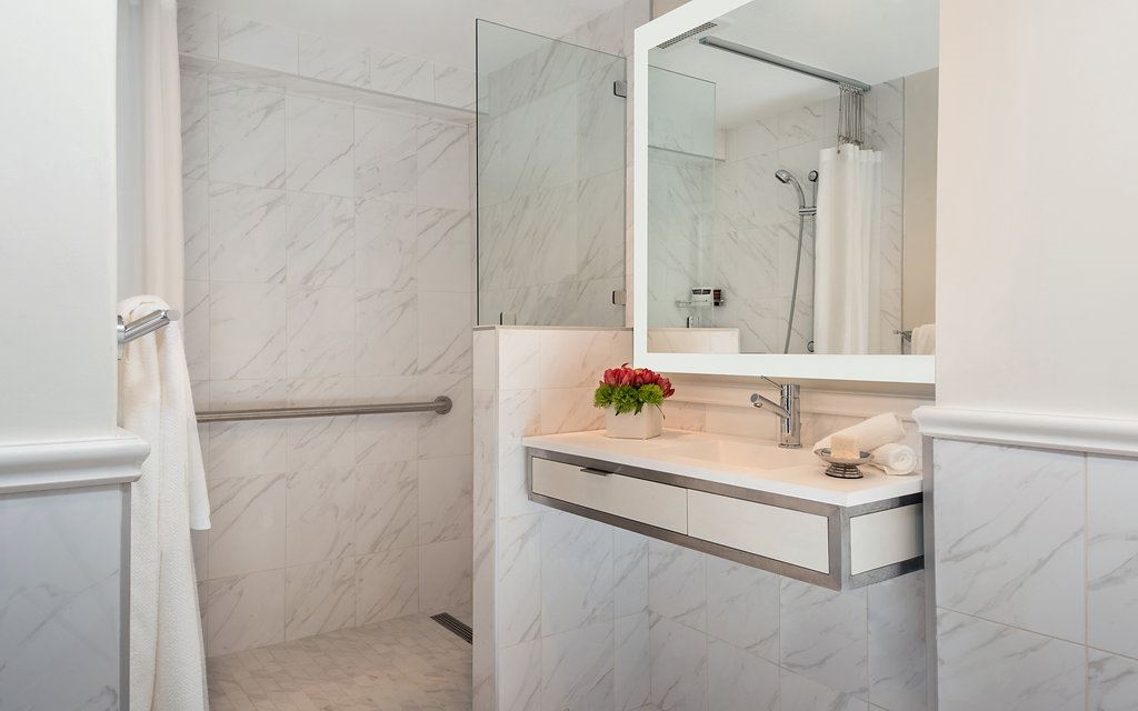 White marble-tiled bathroom